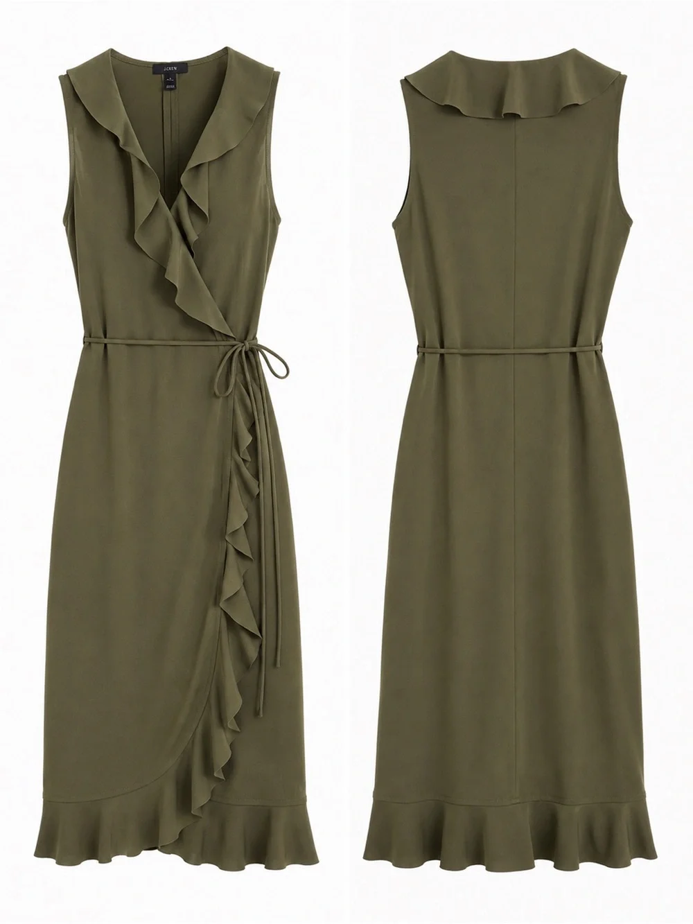 J.Crew Frost Olive Ruffle Wrap Dress Size Petite Small Sleeveless Knee Length
